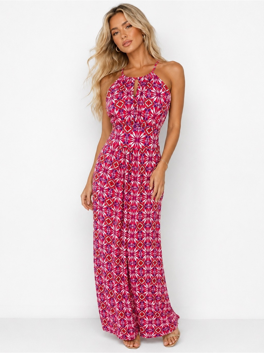 Cato Womens Small Pink Geometric Print Halter Maxi Dress Sleeveless Summer